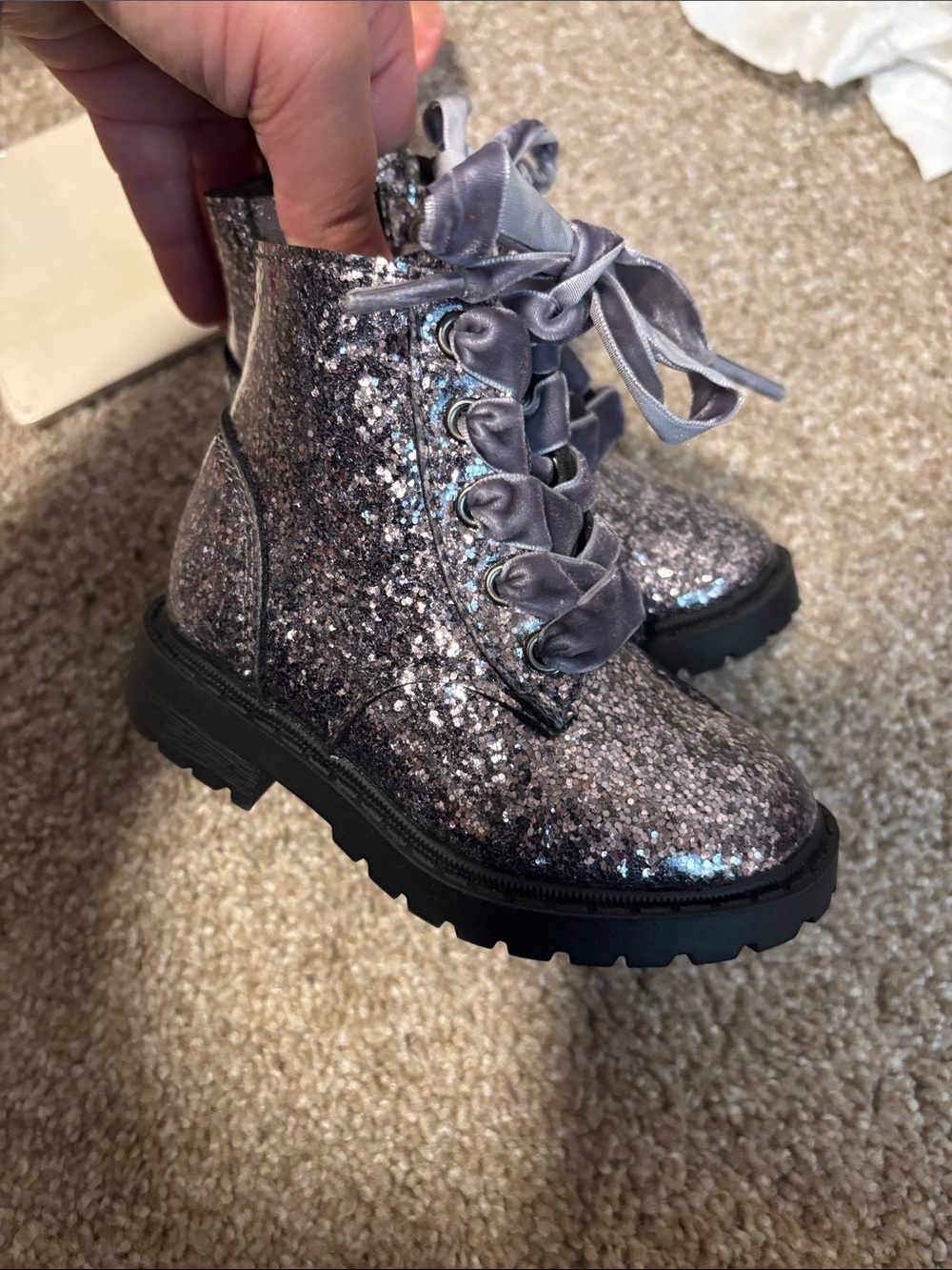 Cat & Jack Silver Glitter Lace-Up Kids Boots